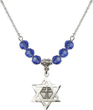 18" Rhodium Plated Necklace with 4mm Sapphire Crystal Beads featuring a Sterling Silver Star of David with Cross Medal.