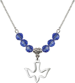 18" Rhodium Plated Necklace with 4mm Sapphire Crystal Beads featuring a Sterling Silver Holy Spirit Medal.