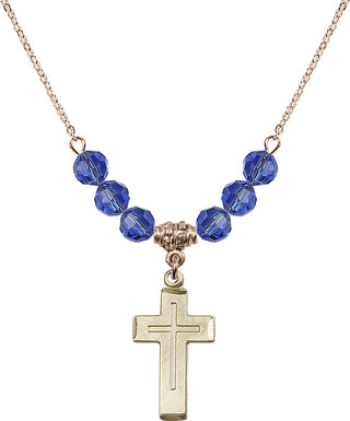 18" Hamilton Gold Plated Necklace with 4mm Sapphire Crystal Beads featuring a 14kt Gold Filled Cross Medal.