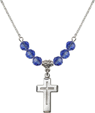 18" Rhodium Plated Necklace with 4mm Sapphire Crystal Beads featuring a Sterling Silver Cross Medal.