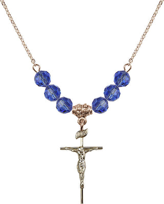 18" Hamilton Gold Plated Necklace with 4mm Sapphire Crystal Beads featuring a 14kt Gold Filled Crucifix Medal.