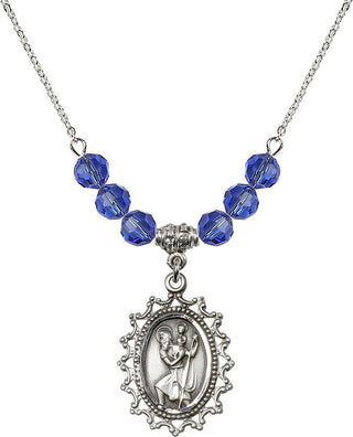 18" Rhodium Plated Necklace with 4mm Sapphire Crystal Beads featuring a Sterling Silver Saint Christopher Medal.