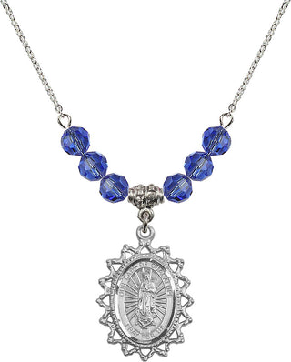 18" Rhodium Plated Necklace with 4mm Sapphire Crystal Beads featuring a Sterling Silver Our Lady of Guadalupe Medal.