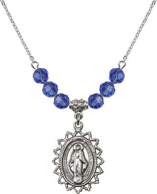18" Rhodium Plated Necklace with 4mm Sapphire Crystal Beads featuring a Sterling Silver Miraculous Medal.