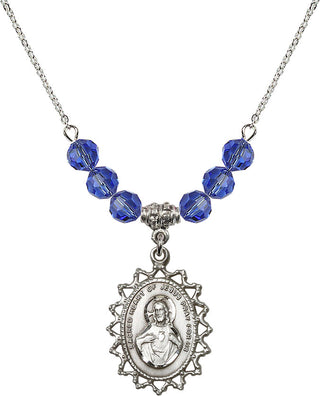 18" Rhodium Plated Necklace with 4mm Sapphire Crystal Beads featuring a Sterling Silver Scapular Medal.