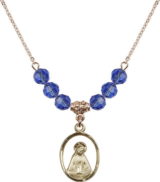 18" Hamilton Gold Plated Necklace with 4mm Sapphire Crystal Beads featuring a 14kt Gold Filled Madonna Medal.