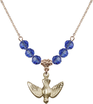 18" Hamilton Gold Plated Necklace with 4mm Sapphire Crystal Beads featuring a 14kt Gold Filled Holy Spirit Medal.