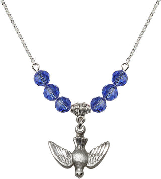 18" Rhodium Plated Necklace with 4mm Sapphire Crystal Beads featuring a Sterling Silver Holy Spirit Medal.