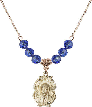 18" Hamilton Gold Plated Necklace with 4mm Sapphire Crystal Beads featuring a 14kt Gold Filled Madonna Medal.