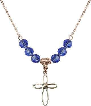 18" Hamilton Gold Plated Necklace with 4mm Sapphire Crystal Beads featuring a 14kt Gold Filled Loop Cross Medal.