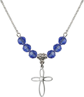 18" Rhodium Plated Necklace with 4mm Sapphire Crystal Beads featuring a Sterling Silver Loop Cross Medal.