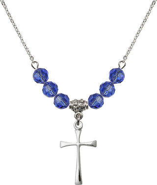 18" Rhodium Plated Necklace with 4mm Sapphire Crystal Beads featuring a Sterling Silver Maltese Cross Medal.
