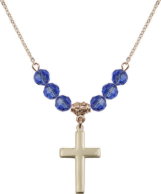 18" Hamilton Gold Plated Necklace with 4mm Sapphire Crystal Beads featuring a 14kt Gold Filled Cross Medal.