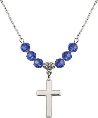 18" Rhodium Plated Necklace with 4mm Sapphire Crystal Beads featuring a Sterling Silver Cross Medal.