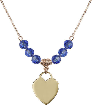 18" Hamilton Gold Plated Necklace with 4mm Sapphire Crystal Beads featuring a 14kt Gold Filled Heart Medal. Engraved Catholic Saint Jewelry