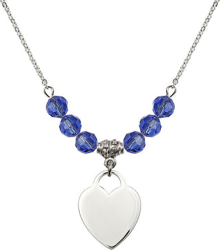 18" Rhodium Plated Necklace with 4mm Sapphire Crystal Beads featuring a Sterling Silver Heart Medal. Engraved Catholic Saint Jewelry