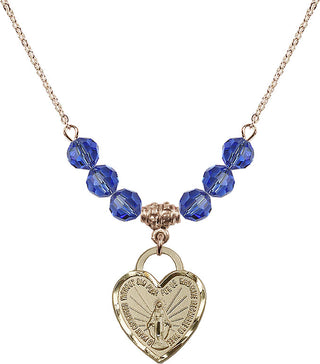 18" Hamilton Gold Plated Necklace with 4mm Sapphire Crystal Beads featuring a 14kt Gold Filled Miraculous Heart Medal. Engraved Catholic Saint Jewelry