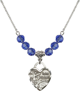 18" Rhodium Plated Necklace with 4mm Sapphire Crystal Beads featuring a Sterling Silver Saint Michael the Archangel Medal. Engraved Catholic Saint Jewelry