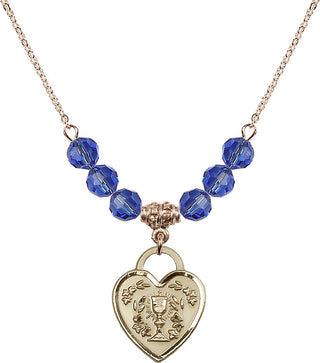 18" Hamilton Gold Plated Necklace with 4mm Sapphire Crystal Beads featuring a 14kt Gold Filled Communion Heart Medal. Engraved Catholic Saint Jewelry