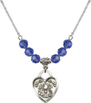 18" Rhodium Plated Necklace with 4mm Sapphire Crystal Beads featuring a Sterling Silver Communion Heart Medal. Engraved Catholic Saint Jewelry