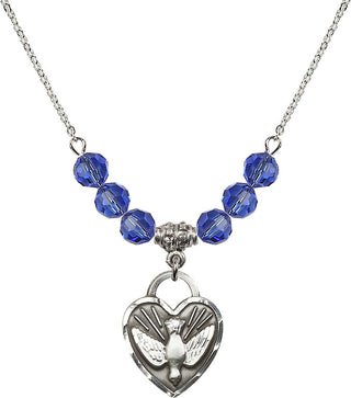 18" Rhodium Plated Necklace with 4mm Sapphire Crystal Beads featuring a Sterling Silver Confirmation Heart Medal. Engraved Catholic Saint Jewelry