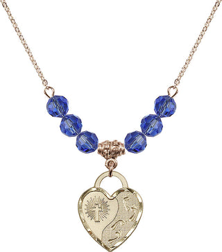 18" Hamilton Gold Plated Necklace with 4mm Sapphire Crystal Beads featuring a 14kt Gold Filled Footprints Heart Medal. Engraved Catholic Saint Jewelry