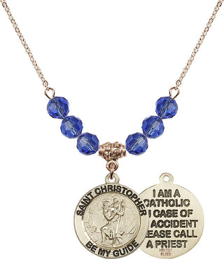 18" Hamilton Gold Plated Necklace with 4mm Sapphire Crystal Beads featuring a 14kt Gold Filled Saint Christopher Medal.