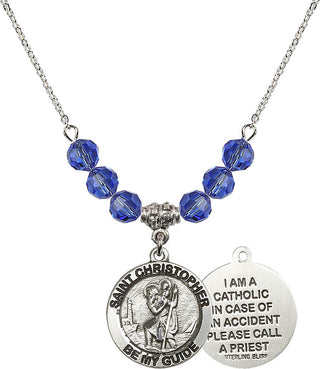 18" Rhodium Plated Necklace with 4mm Sapphire Crystal Beads featuring a Sterling Silver Saint Christopher Medal.