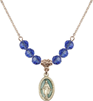 18" Hamilton Gold Plated Necklace with 4mm Sapphire Crystal Beads featuring a 14kt Gold Filled Miraculous Medal.