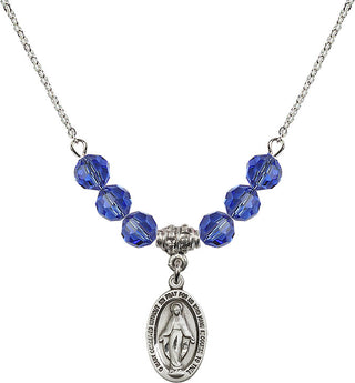 18" Rhodium Plated Necklace with 4mm Sapphire Crystal Beads featuring a Sterling Silver Miraculous Medal.