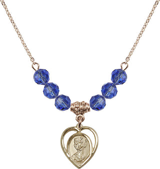 18" Hamilton Gold Plated Necklace with 4mm Sapphire Crystal Beads featuring a 14kt Gold Filled Saint Christopher Medal.