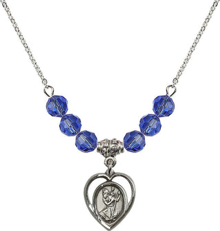 18" Rhodium Plated Necklace with 4mm Sapphire Crystal Beads featuring a Sterling Silver Saint Christopher Medal.