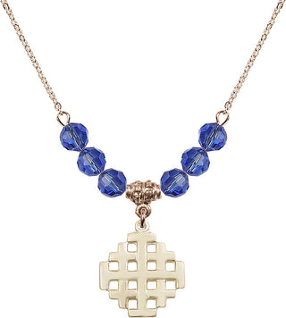 18" Hamilton Gold Plated Necklace with 4mm Sapphire Crystal Beads featuring a 14kt Gold Filled Jerusalem Cross Medal.
