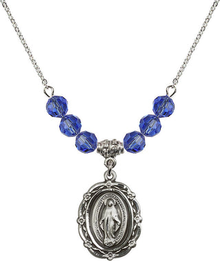 18" Rhodium Plated Necklace with 4mm Sapphire Crystal Beads featuring a Sterling Silver Miraculous Medal.
