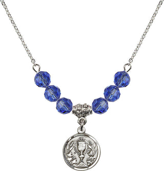 18" Rhodium Plated Necklace with 4mm Sapphire Crystal Beads featuring a Sterling Silver Communion Chalice Medal.