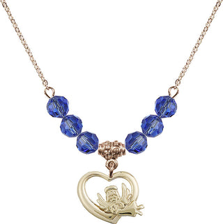 18" Hamilton Gold Plated Necklace with 4mm Sapphire Crystal Beads featuring a 14kt Gold Filled Heart / Guardian Angel Medal.