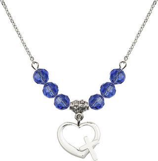 18" Rhodium Plated Necklace with 4mm Sapphire Crystal Beads featuring a Sterling Silver Heart / Cross Medal.