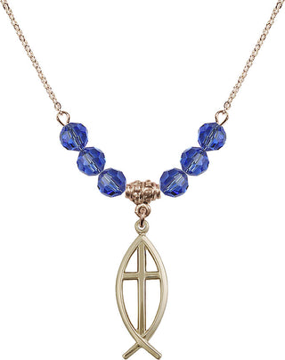 18" Hamilton Gold Plated Necklace with 4mm Sapphire Crystal Beads featuring a 14kt Gold Filled Fish / Cross Medal.