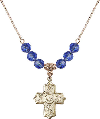 18" Hamilton Gold Plated Necklace with 4mm Sapphire Crystal Beads featuring a 14kt Gold Filled 5-Way Medal.