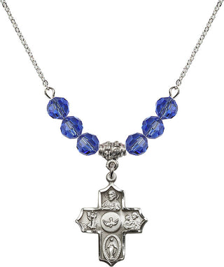 18" Rhodium Plated Necklace with 4mm Sapphire Crystal Beads featuring a Sterling Silver 5-Way Medal.
