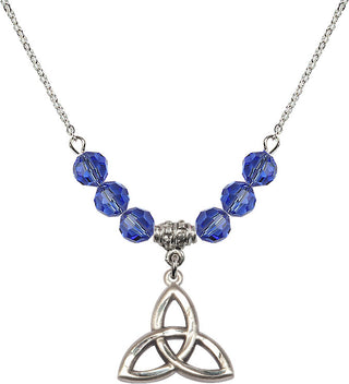 18" Rhodium Plated Necklace with 4mm Sapphire Crystal Beads featuring a Sterling Silver Trinity Irish Knot Medal.