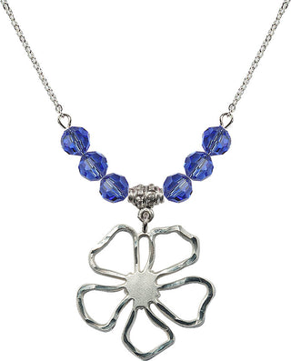 18" Rhodium Plated Necklace with 4mm Sapphire Crystal Beads featuring a Sterling Silver Five Pedal Flower Medal.