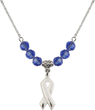 18" Rhodium Plated Necklace with 4mm Sapphire Crystal Beads featuring a Sterling Silver Cancer Awareness Medal.