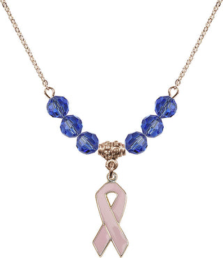18" Hamilton Gold Plated Necklace with 4mm Sapphire Crystal Beads featuring a 14kt Gold Filled Cancer Awareness Medal.