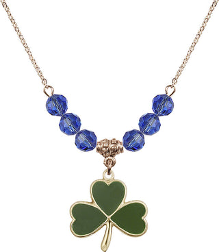 18" Hamilton Gold Plated Necklace with 4mm Sapphire Crystal Beads featuring a 14kt Gold Filled Shamrock Medal.