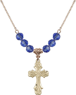 18" Hamilton Gold Plated Necklace with 4mm Sapphire Crystal Beads featuring a 14kt Gold Filled Cross Medal.