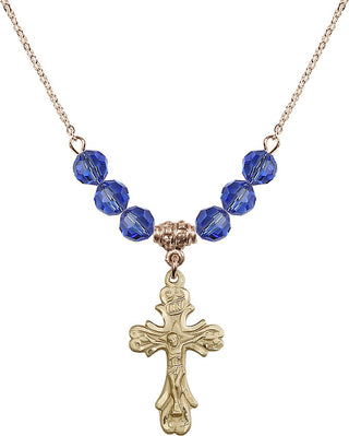 18" Hamilton Gold Plated Necklace with 4mm Sapphire Crystal Beads featuring a 14kt Gold Filled Crucifix Medal.