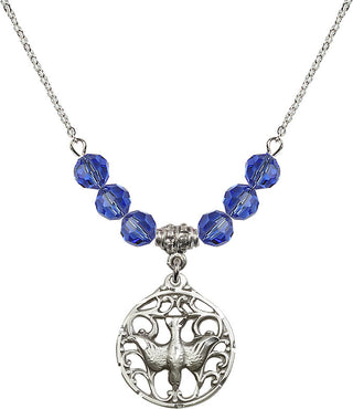 18" Rhodium Plated Necklace with 4mm Sapphire Crystal Beads featuring a Sterling Silver Holy Spirit Medal.