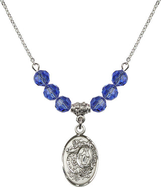 18" Rhodium Plated Necklace with 4mm Sapphire Crystal Beads featuring a Sterling Silver Miraculous Medal.