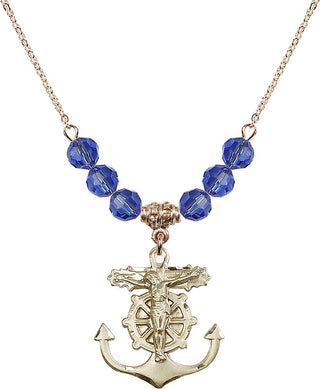 18" Hamilton Gold Plated Necklace with 4mm Sapphire Crystal Beads featuring a 14kt Gold Filled Anchor Crucifix Medal.